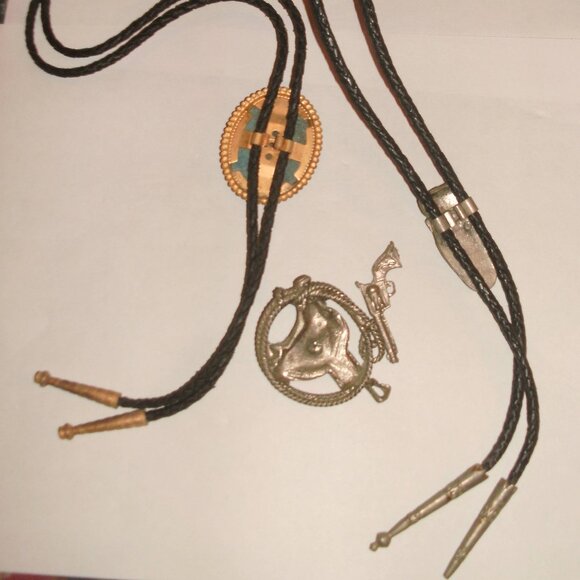 SET 4 Fashion Western Bolo Tie ~ Saddle ~ Holster ~ Gun ~ Faux Turquoise Stone - Picture 4 of 6